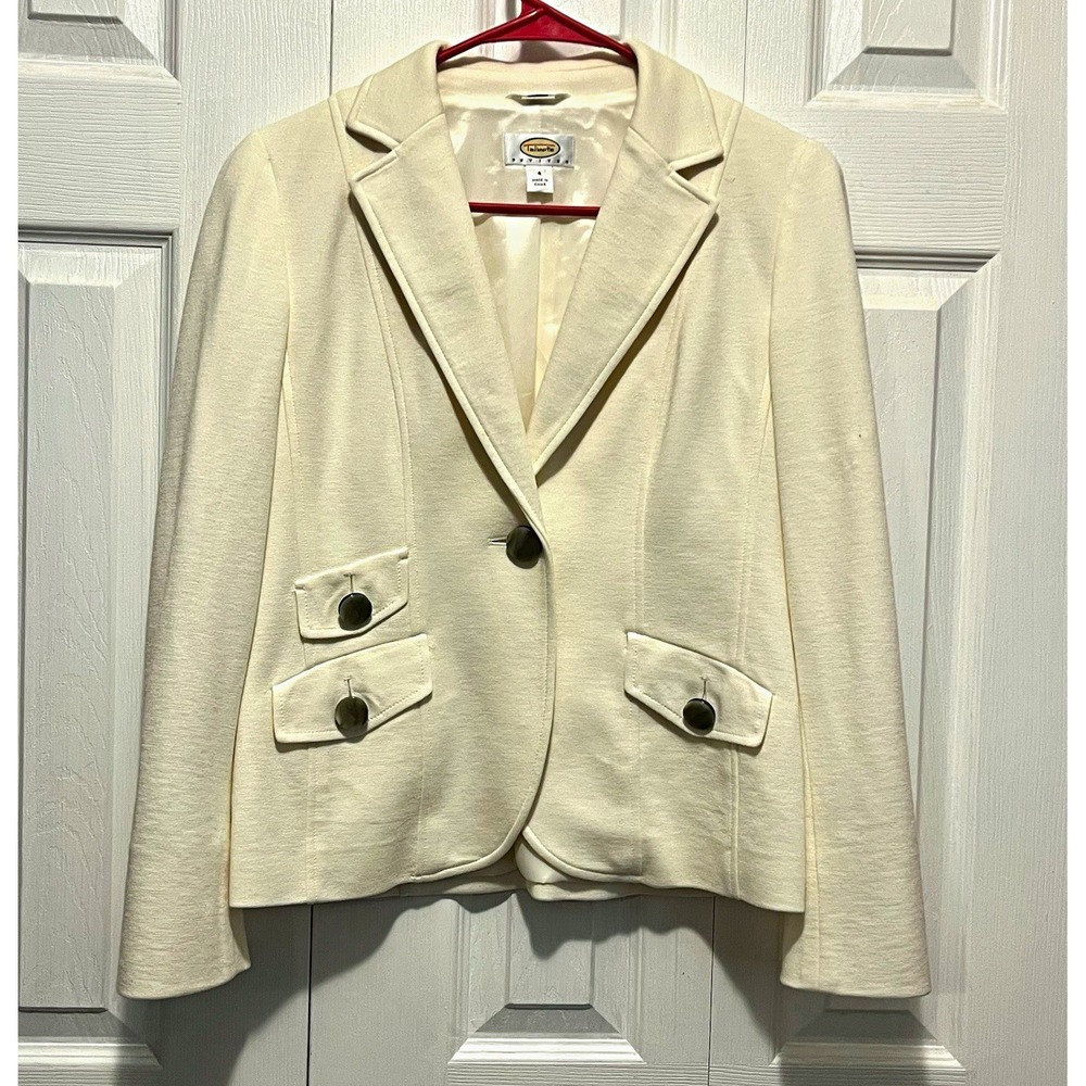 Retro Chic Talbots Petites 4P Ivory Knit Blazer Jacket Button Front Old Money